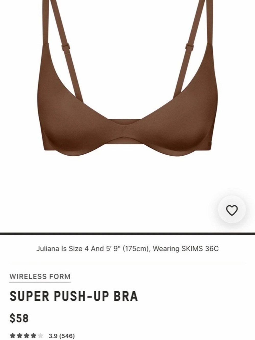 SKIMS wireless Super Push-Up Bra in Brown/Jasper.
Size 36C.
Like New. Used less